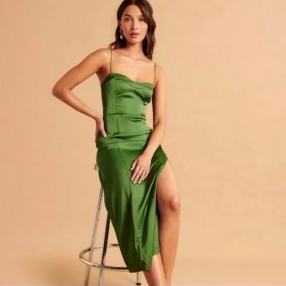 A&F Green Satin Midi Dress - Picture 2 of 6